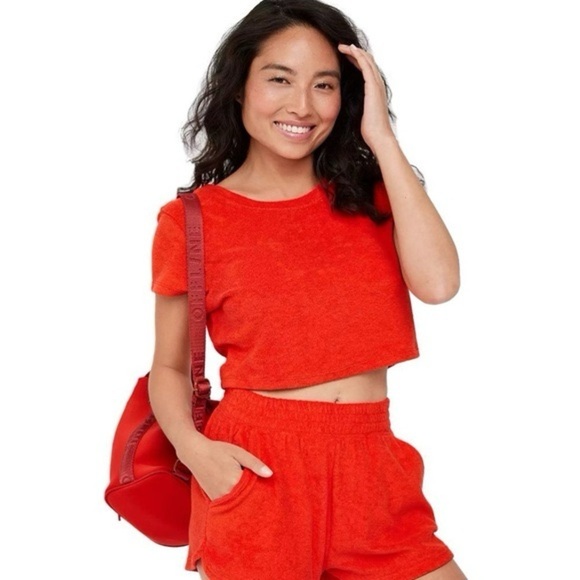 OFFLINE by Aerie Summer Lights Terry Cropped T-Shirt & Short Set Red L/XL - Picture 1 of 15